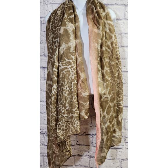 Tan Animal Print With Pink Edges Sheer Scarf Lightweight Soft Flowy - Picture 1 of 2